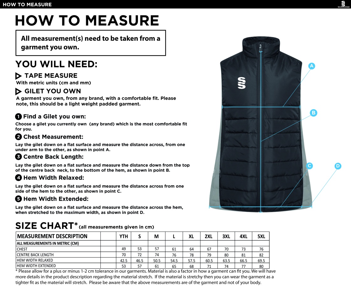 STCC - Active Gilet - Unisex Fit - Size Guide