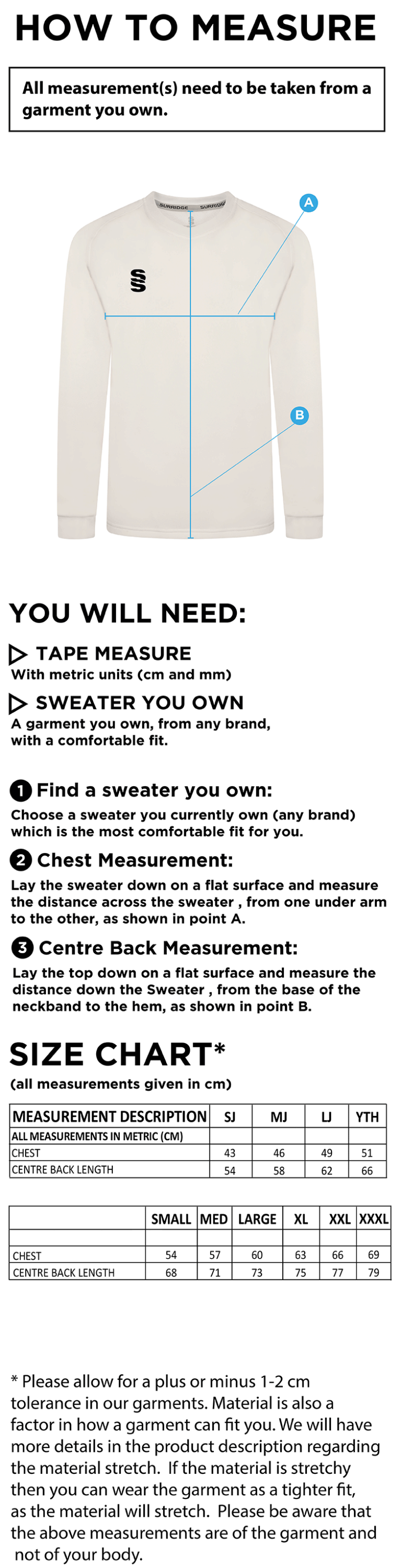 STCC - Blast Long Sleeve Cricket Sweater - Men's Fit - Size Guide