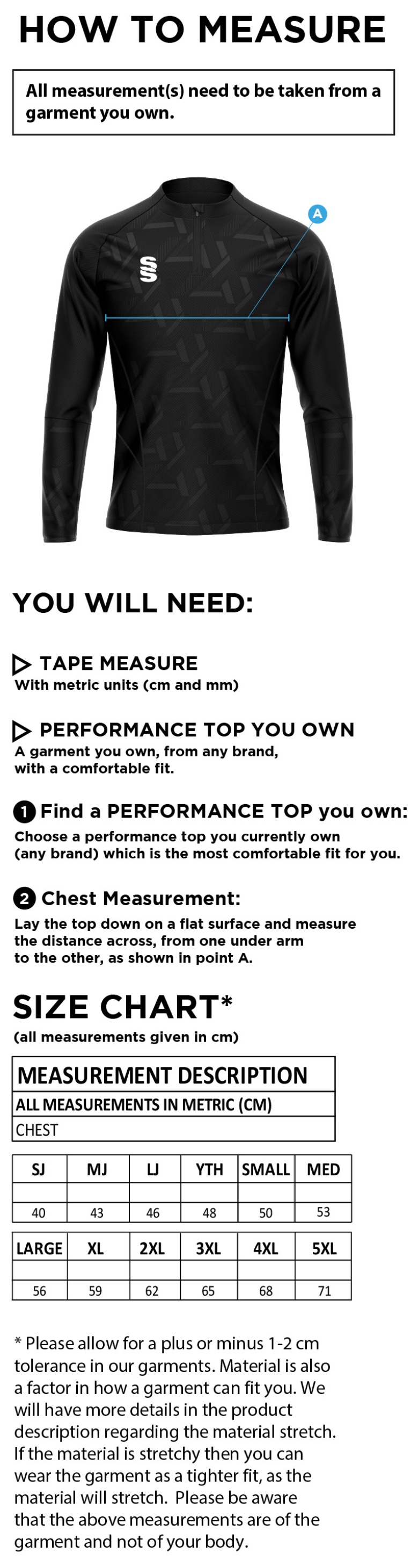 STCC - Impact 1/4 Zip Performance Top - Men's Fit - Size Guide