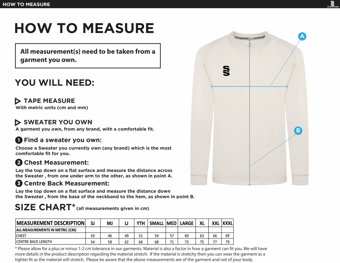 STCC - Blast Long Sleeve Cricket Sweater - Men's Fit - Size Guide