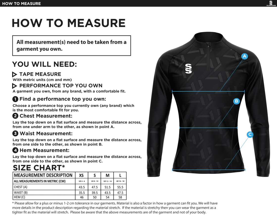 STCC - Impact 1/4 Zip Performance Top - Women's Fit - Size Guide