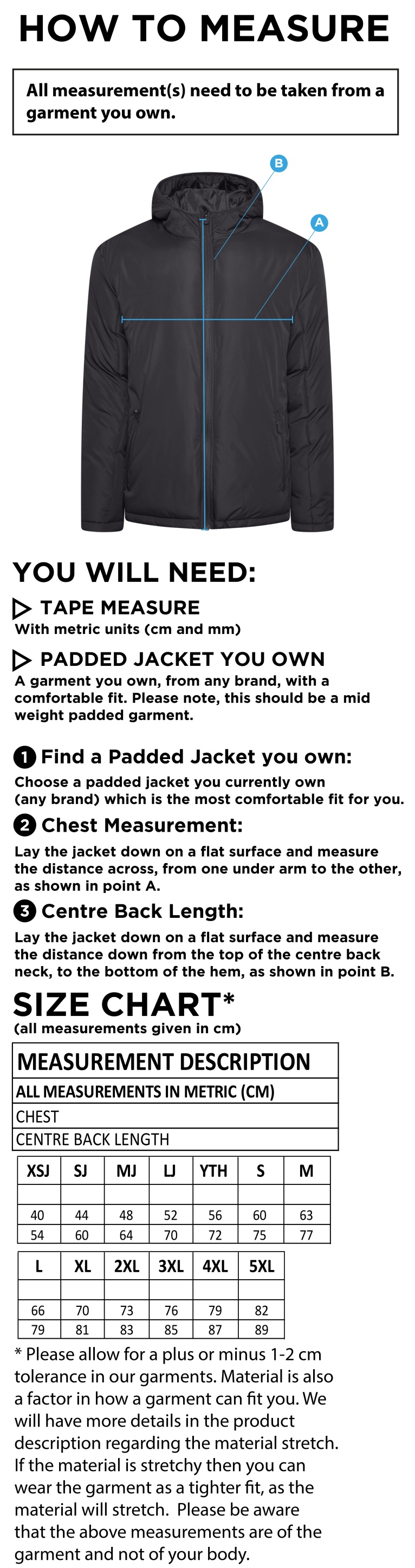STCC - Active Padded Jacket - Unisex Fit - Size Guide