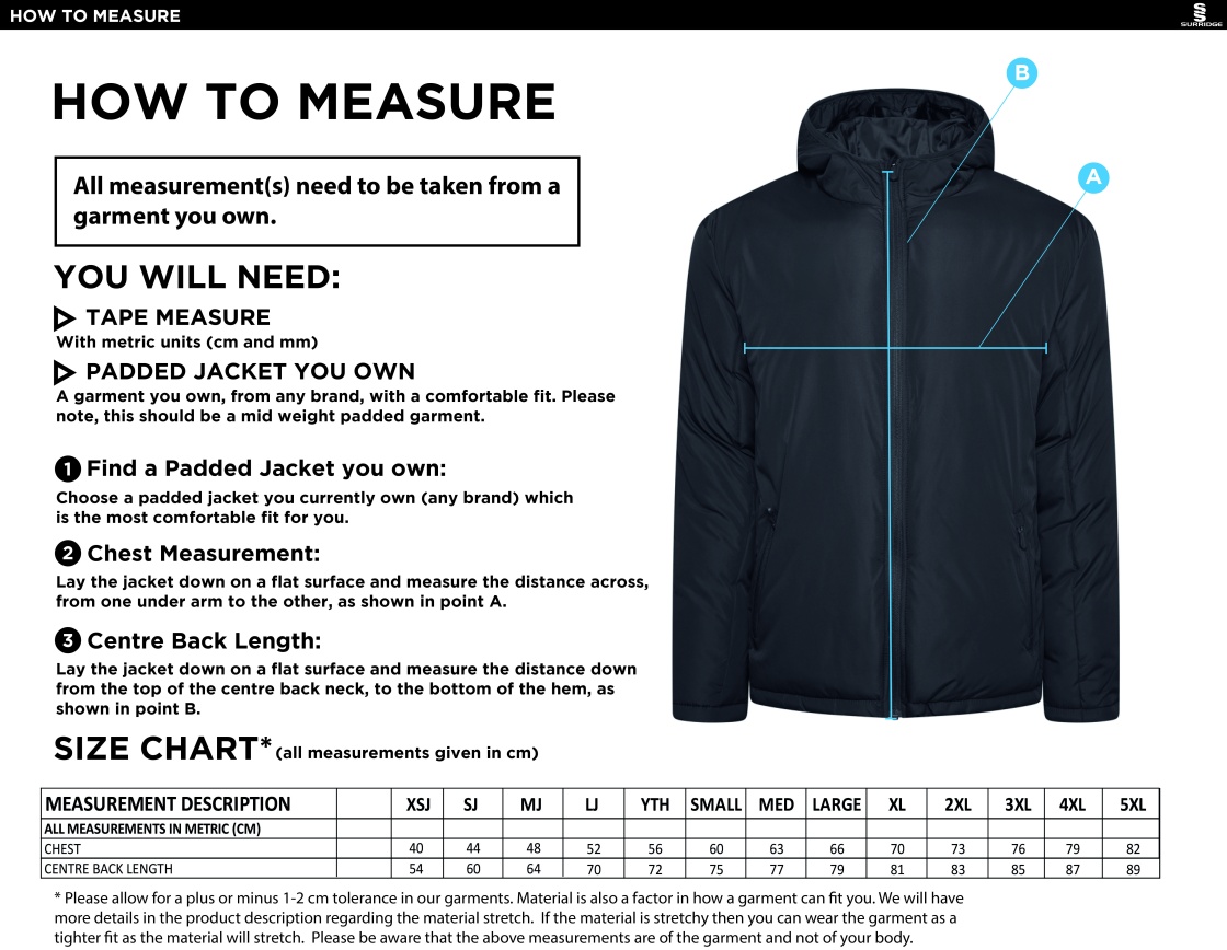 STCC - Active Padded Jacket - Unisex Fit - Size Guide
