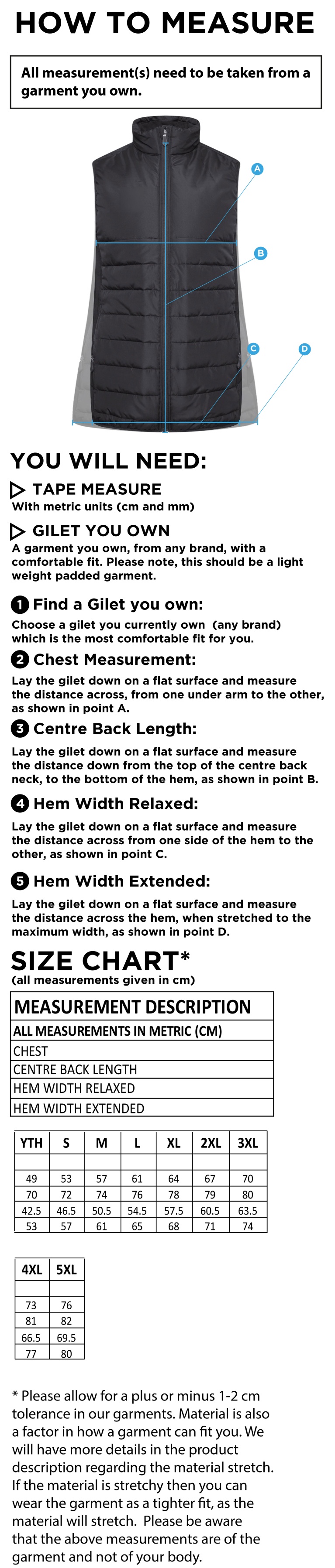 STCC - Active Gilet - Unisex Fit - Size Guide