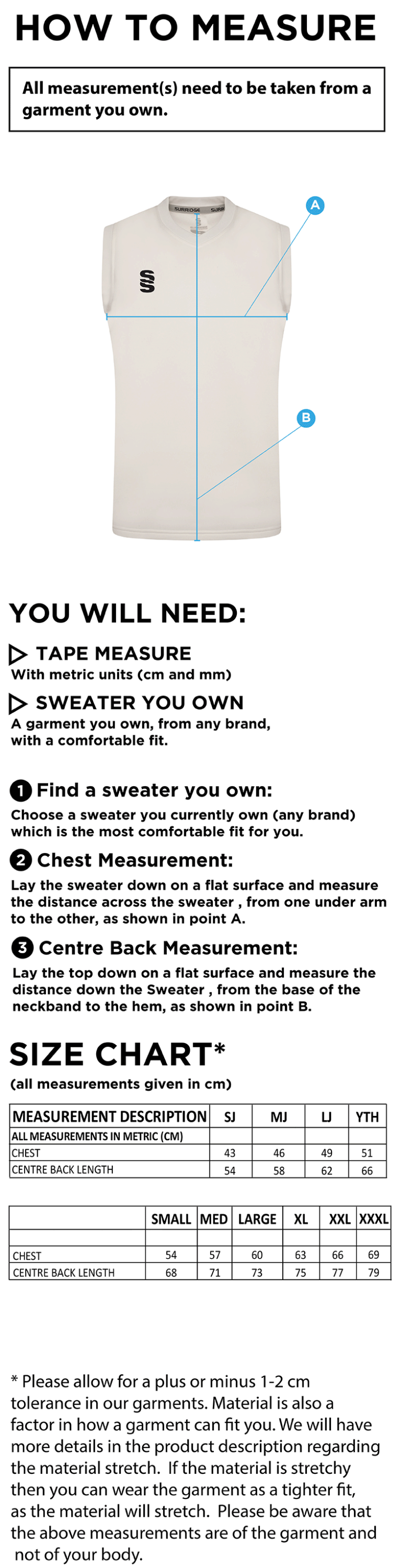 STCC - Blast Sleeveless Cricket Sweater - Men's Fit - Size Guide