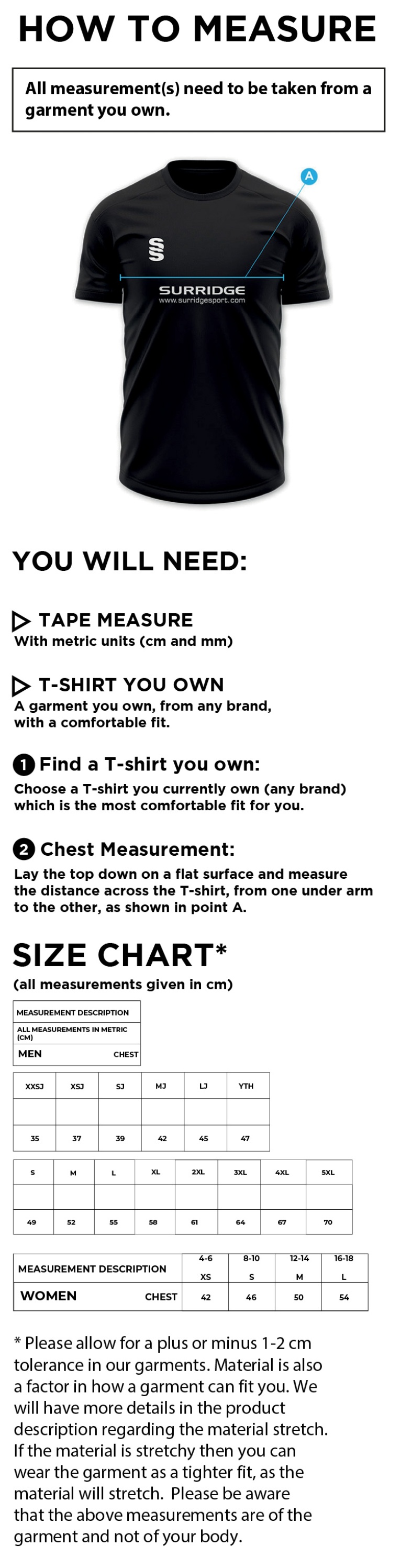STCC - Short Sleeved Playing Shirt - Size Guide
