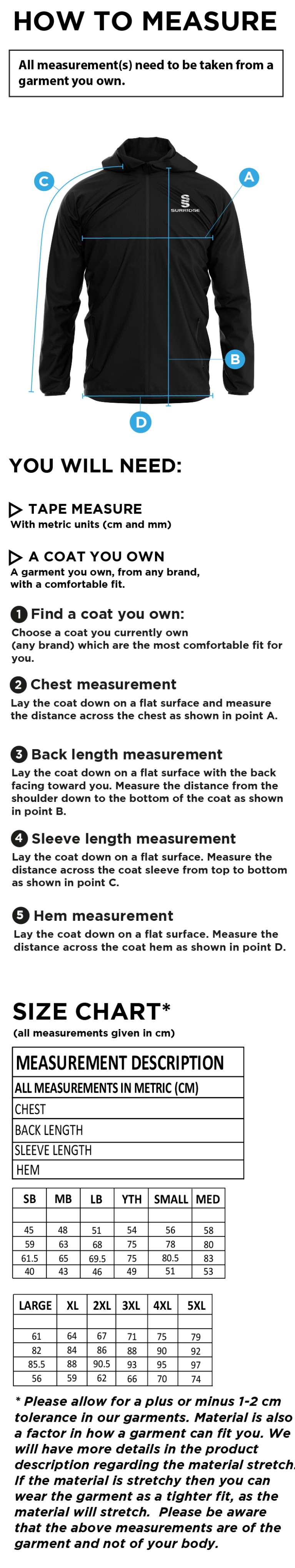 STCC - Dual Full Zip Training Jacket - Unisex Fit - Size Guide