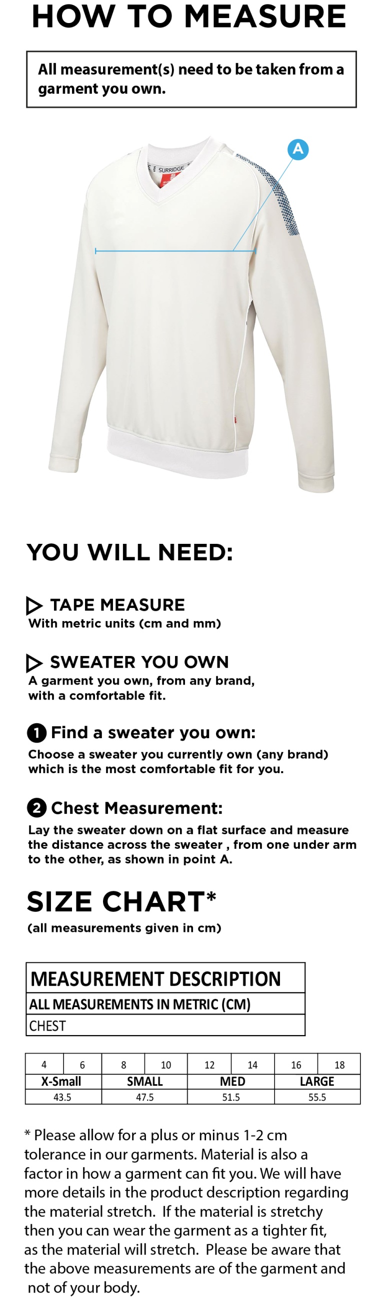 STCC - Blast Long Sleeve Cricket Sweater - Women's Fit - Size Guide