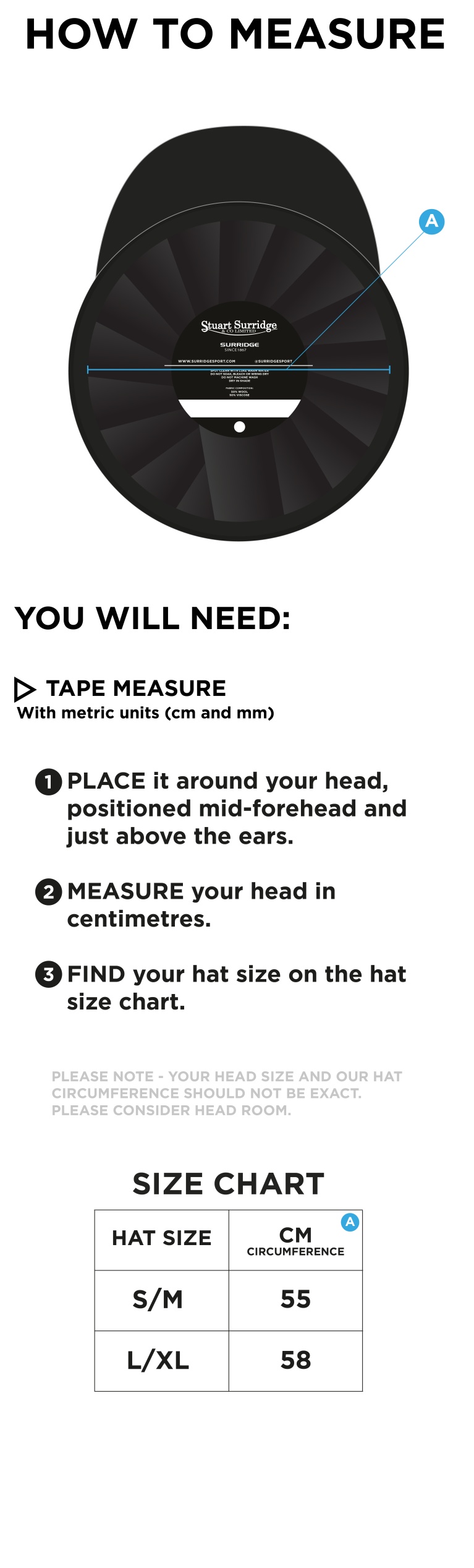 STCC - Baggy Cricket Cap - Navy - Size Guide