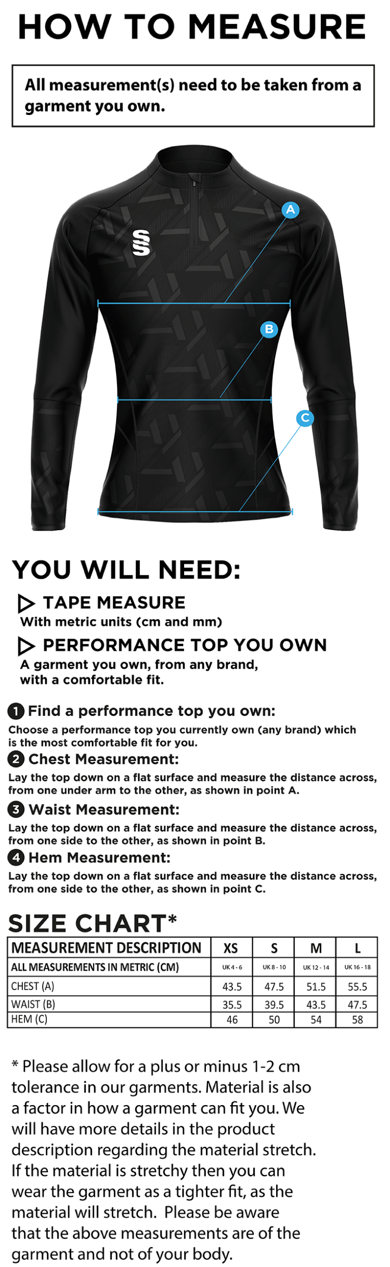 STCC - Impact 1/4 Zip Performance Top - Women's Fit - Size Guide