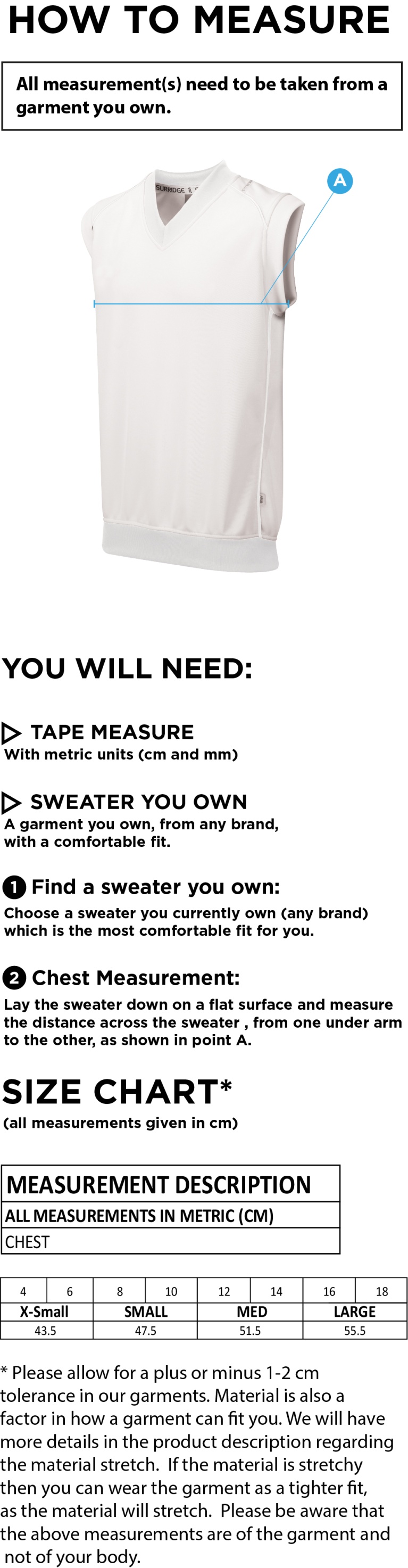 STCC - Blast Sleeveless Cricket Sweater - Women's Fit - Size Guide