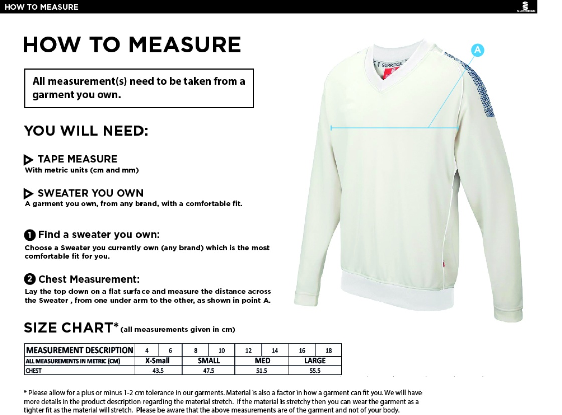 STCC - Blast Long Sleeve Cricket Sweater - Women's Fit - Size Guide