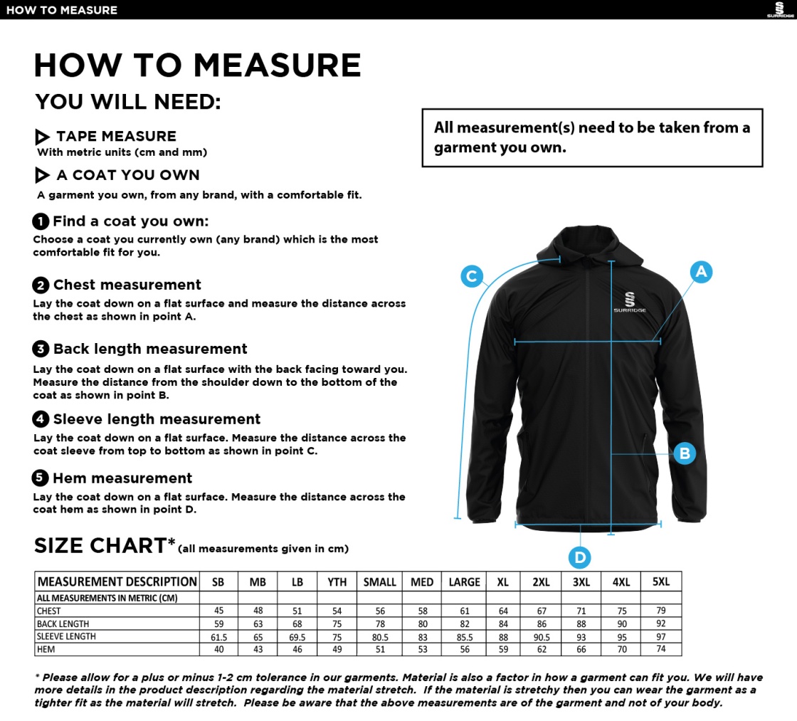 STCC - Dual Full Zip Training Jacket - Unisex Fit - Size Guide