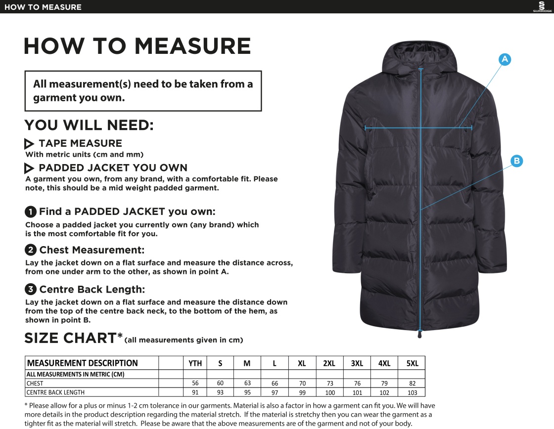 STCC - Active Long Padded Jacket - Unisex Fit - Size Guide