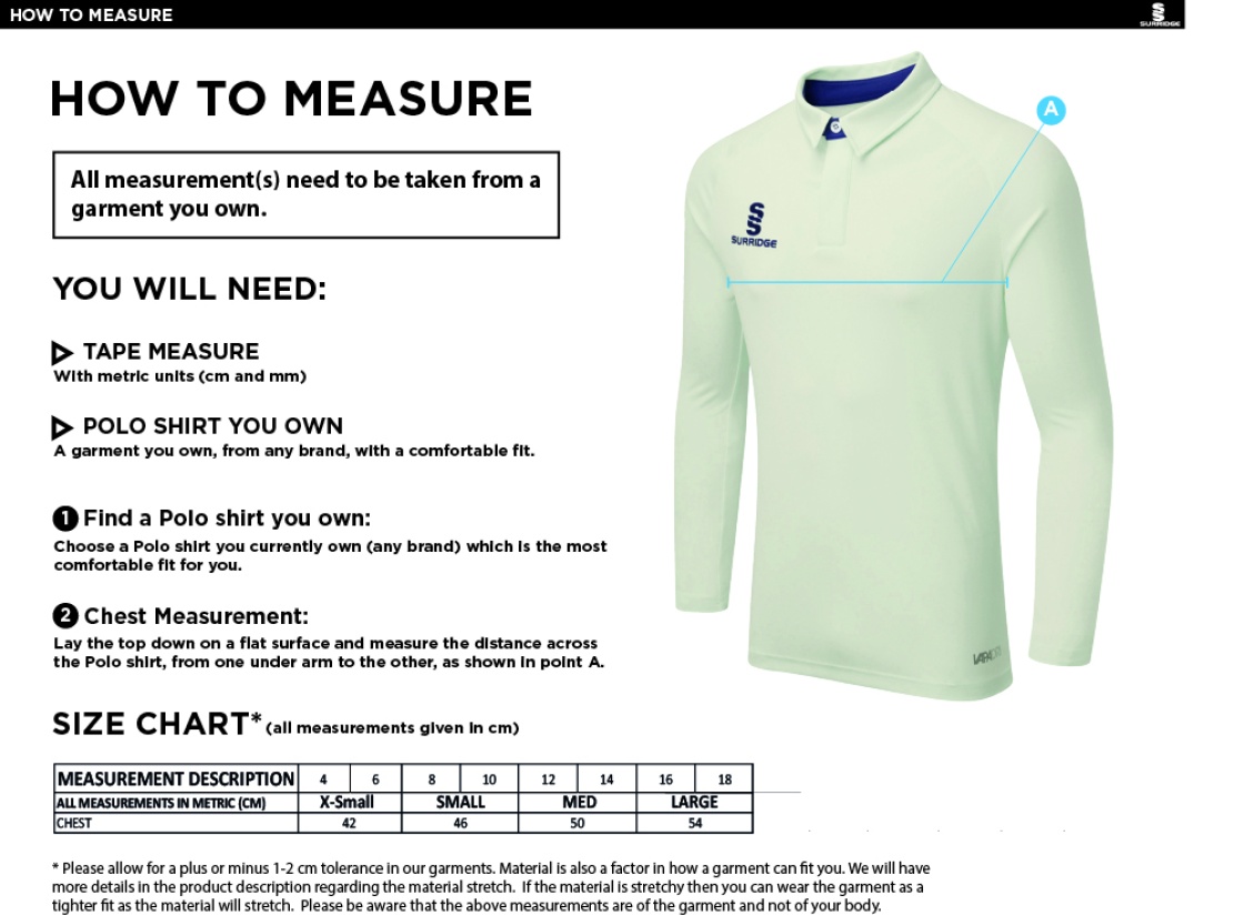 STCC - Dual Long Sleeve Cricket Shirt - Women's Fit - Size Guide