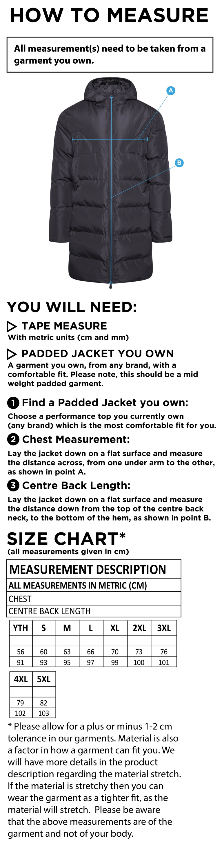 STCC - Active Long Padded Jacket - Unisex Fit - Size Guide