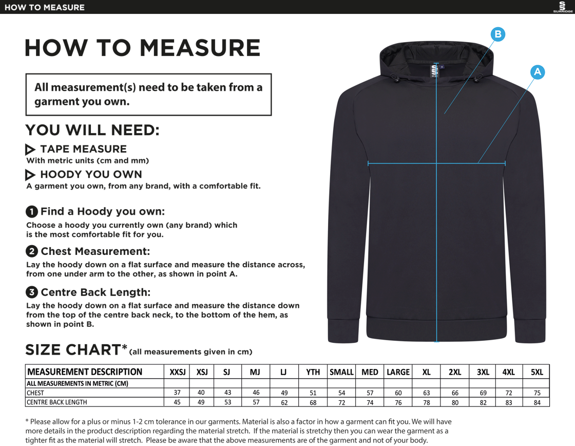 STCC - Active Hoody - Unisex Fit - Size Guide